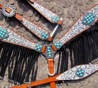 Headstall, Reins and Fringed Breastcollar Set -  Southwest Turquoise Stones